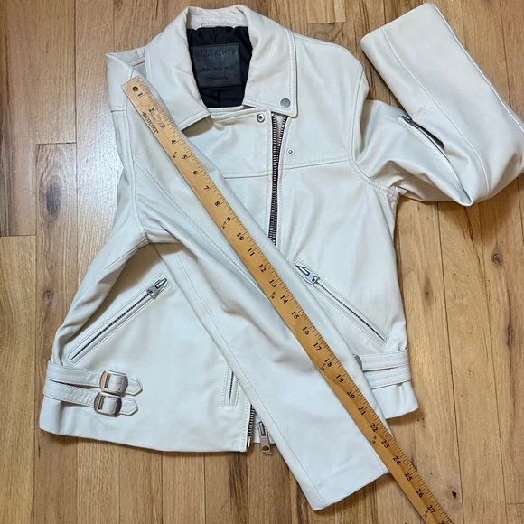 AllSaints Women’s Ivory Leather Motorcycle Biker Jacket with Black Lining 12 - Picture 10 of 12